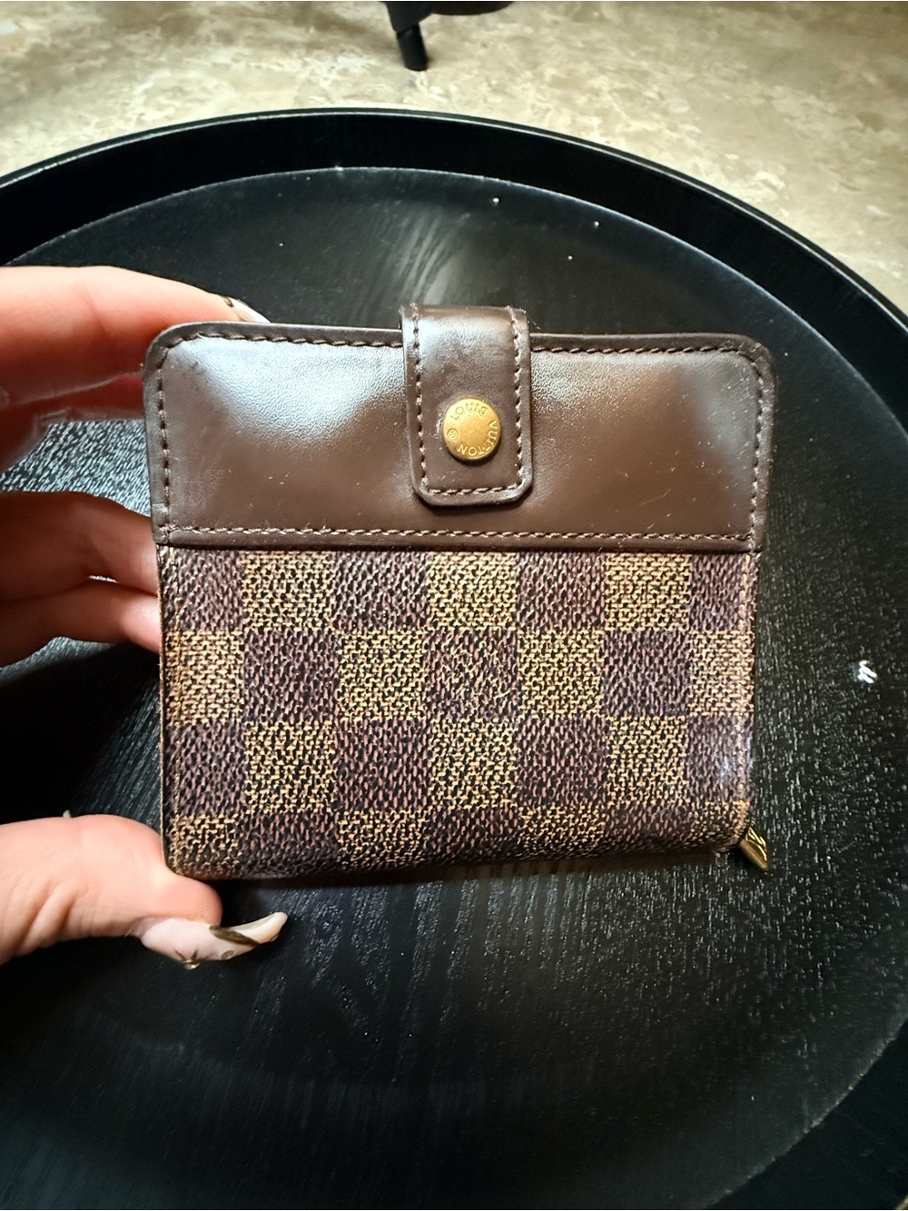 Louis Vuitton Damier Ebene Brown Leather Zip Wallet with Gold Hardware